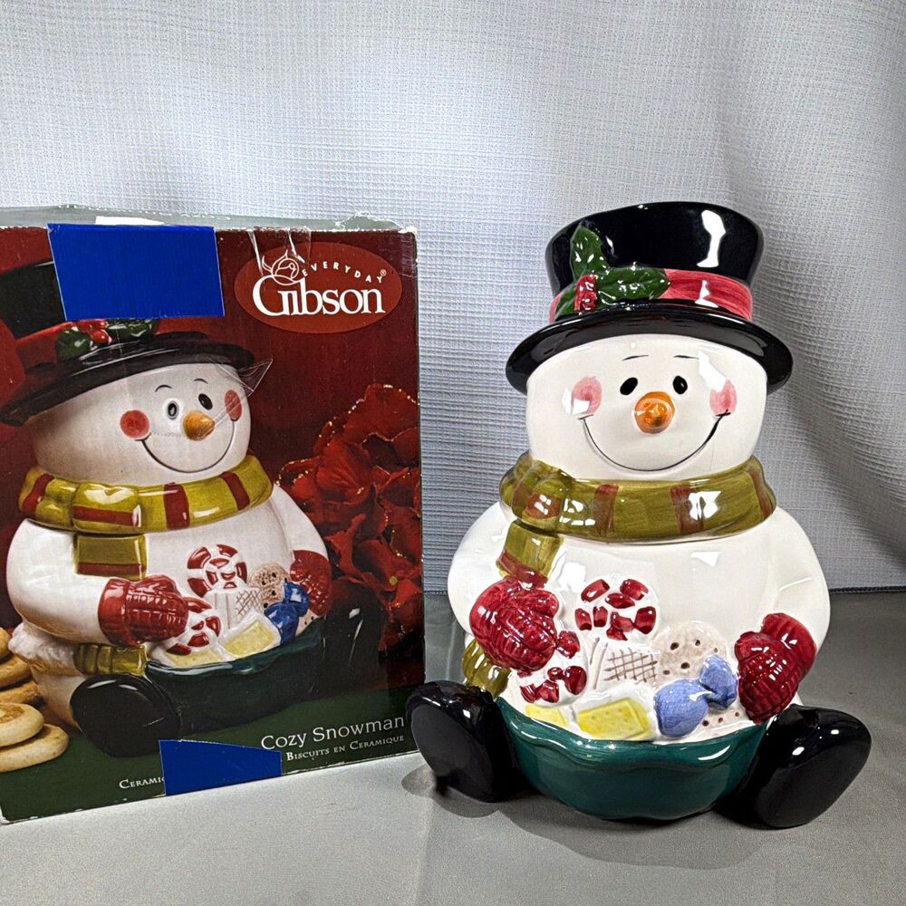 Gibson Everyday Cozy Snowman Ceramic Cookie Jar Christmas Holiday Treat Pot